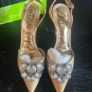 Sam Edelman straw textured jeweled slingback heels Size 8.5M NIB